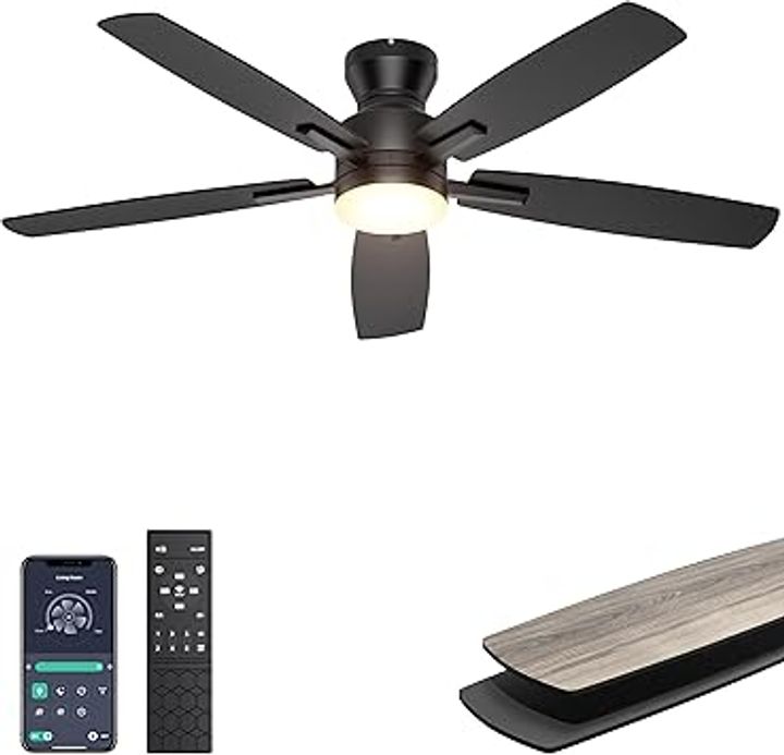 Ohniyou Ceiling Fans with Lights, 52'' Low Profile Ceiling Fan with Light and Remote/APP Control