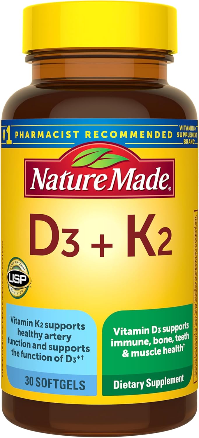 Nature Made Vitamin D3 K2 Supplement, 5000 IU (125 mcg) Vitamin D for Bone, Teeth, Muscle and Immune Support, 30 D3 and K2 Softgels, 30 Day Supply