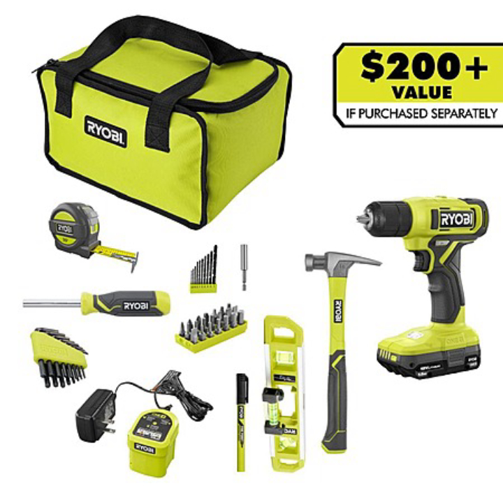 RYOBI ONE+ 18V Cordless 3/8" Drill/Driver Kit with 1.5Ah Battery & Charger