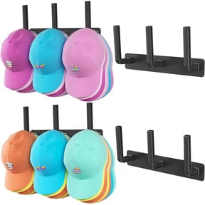 Livhil Hat Rack 2 Packs, Removable Long Row Hat Hooks for Wall, 2 Mounting Options Baseball Hat Organizer Holds 20 Hats (Black)
