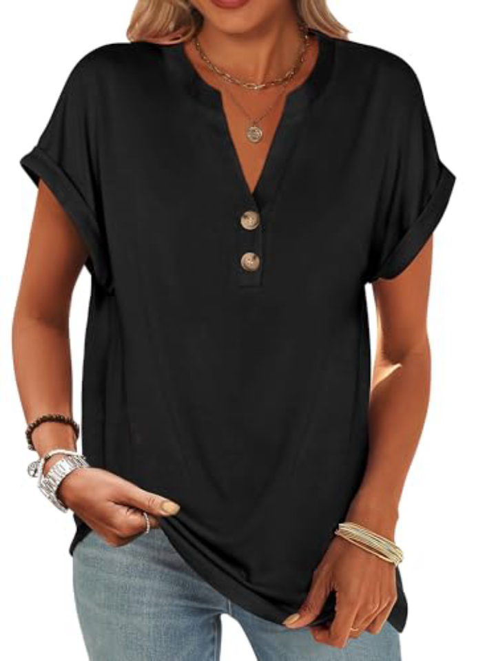 ANRABESS Women's V-Neck Henley Top – Casual Loose Fit Tee